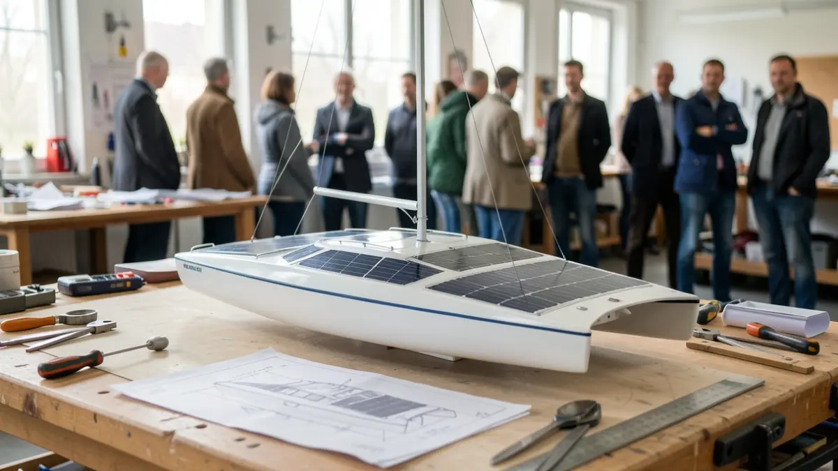 Imaxe xenérica dunha maqueta dun trimarán solar nun obradoiro.