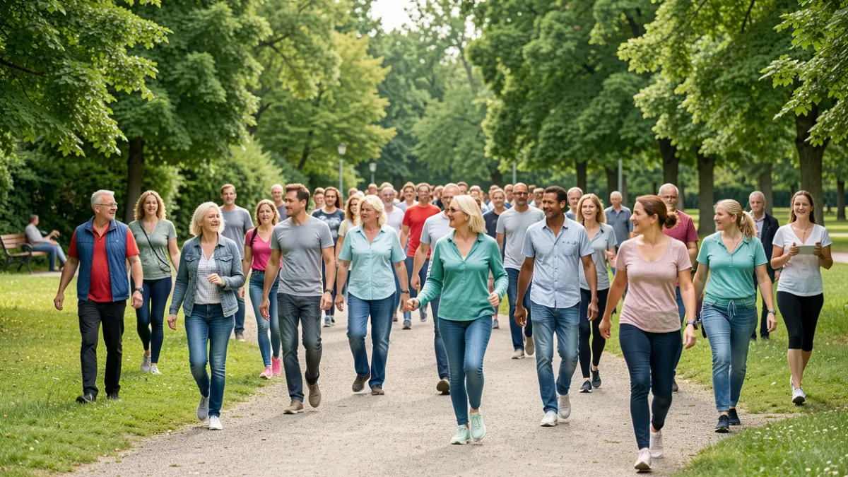 Imaxe xenérica de persoas de diversas idades e capacidades participando nunha actividade física ao aire libre nun entorno de parque.