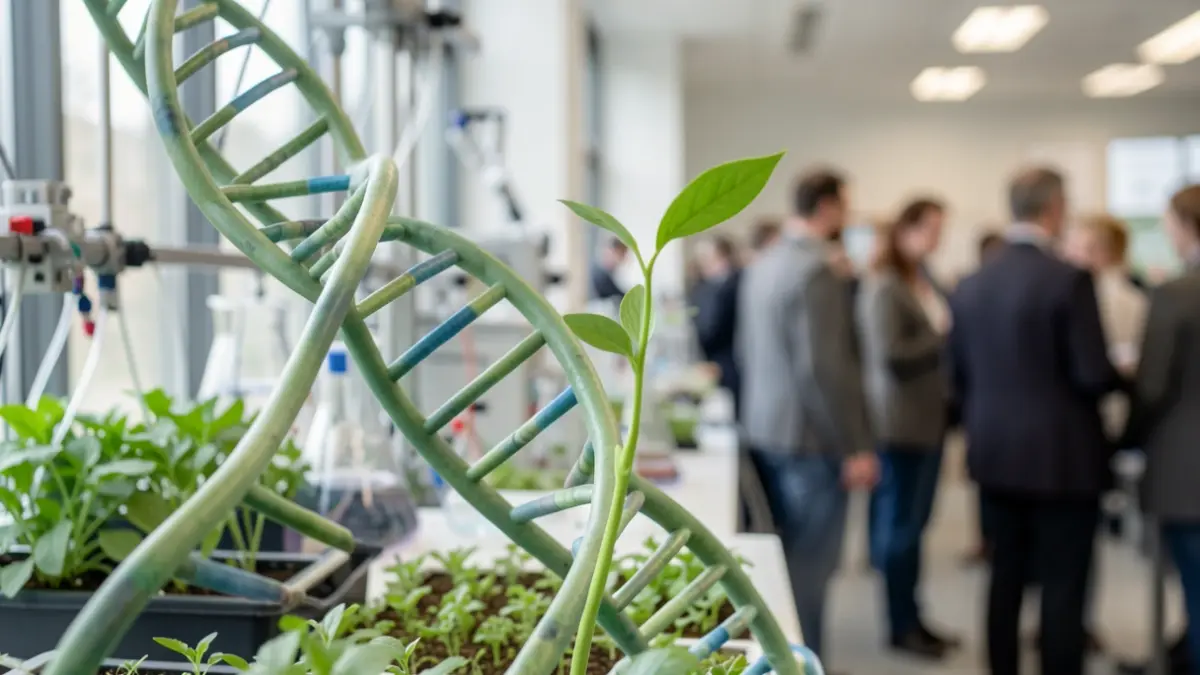 Imaxe xenérica dunha hélice de ADN entrelazada cunha planta estilizada, con equipo de laboratorio ao fondo.