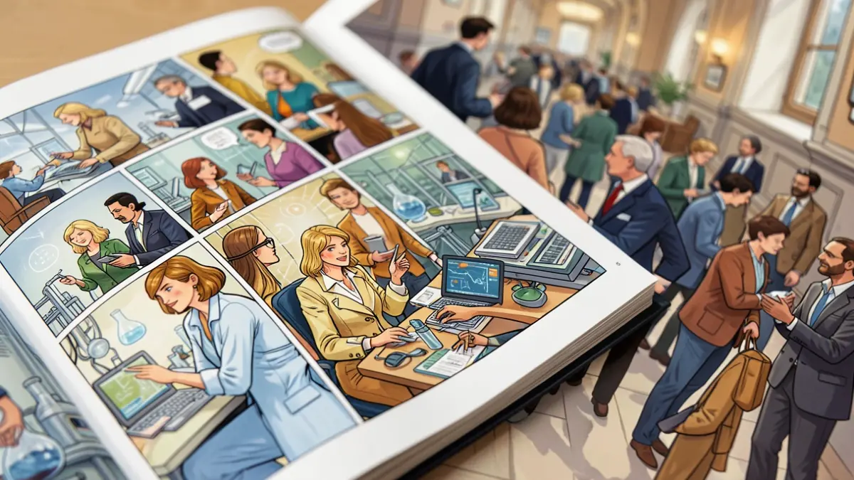 Imaxe xenérica dunha páxina de cómic con ilustracións de mulleres en contornas de enxeñería e tecnoloxía.