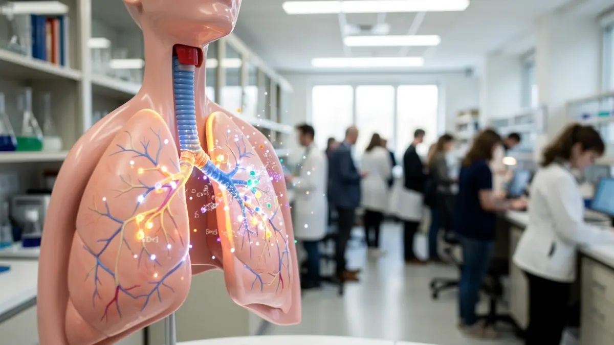 Generic image of a human respiratory system model with glowing particles.