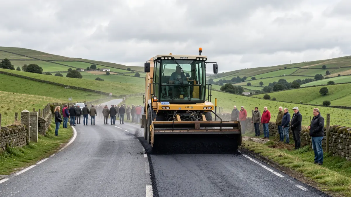 Imaxe xenérica de maquinaria de asfaltado traballando nunha estrada rural galega.