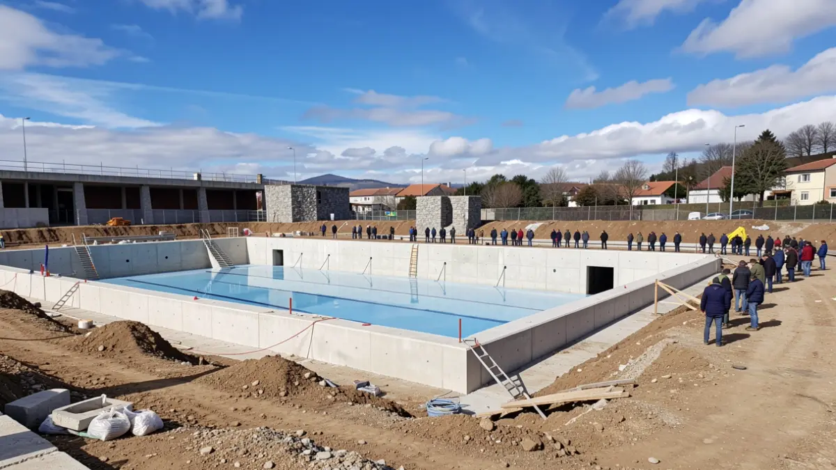 Imagen de una obra de ampliación de una piscina municipal en Galicia, con estructuras de hormigón y excavaciones.