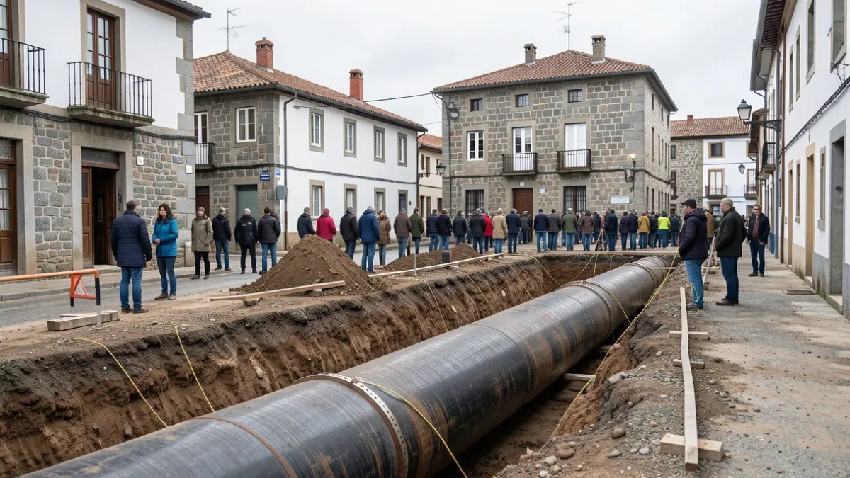 Generic image of sanitation works on a street in Galicia with granite buildings in the background and an overcast sky.