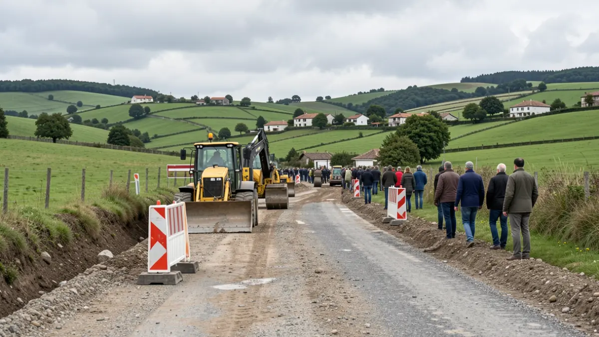 Generic image of construction machinery working on a rural Galician road under a cloudy sky.