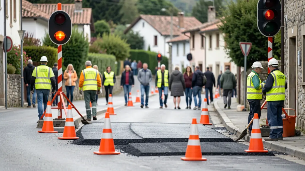Imaxe xenérica de obras na estrada con sinalización de tráfico e traballadores.