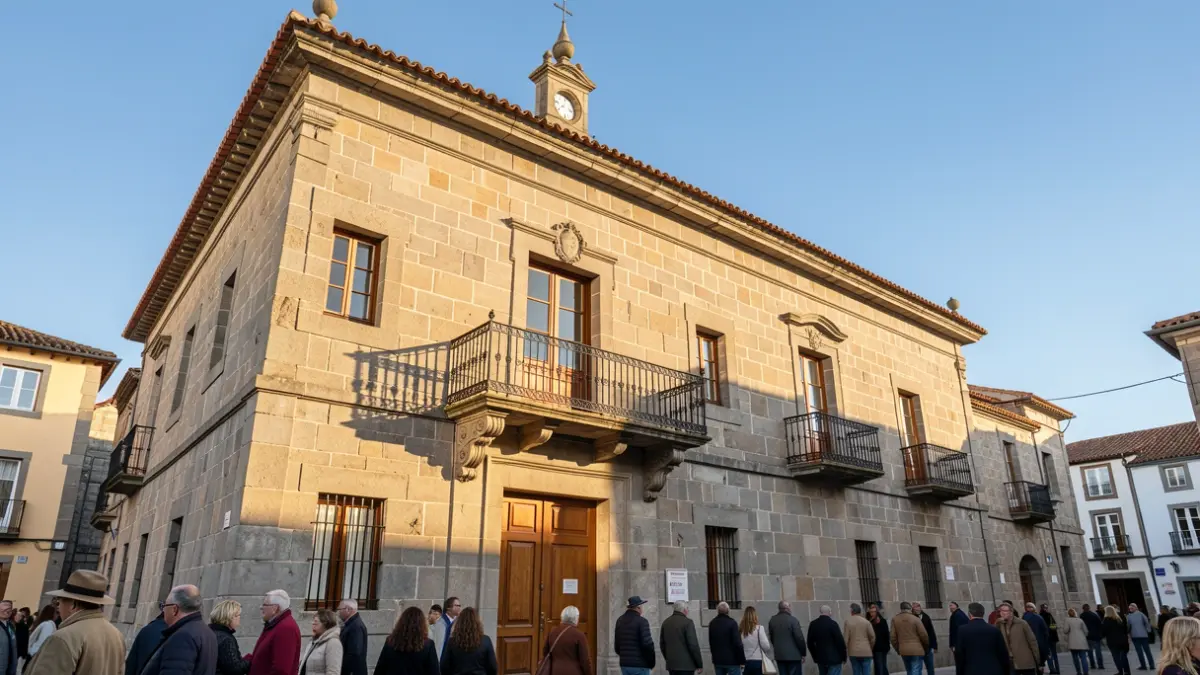 Fachada do Concello da Cañiza, un edificio de granito con balcón e reixas de ferro, baixo a luz do sol da tarde.
