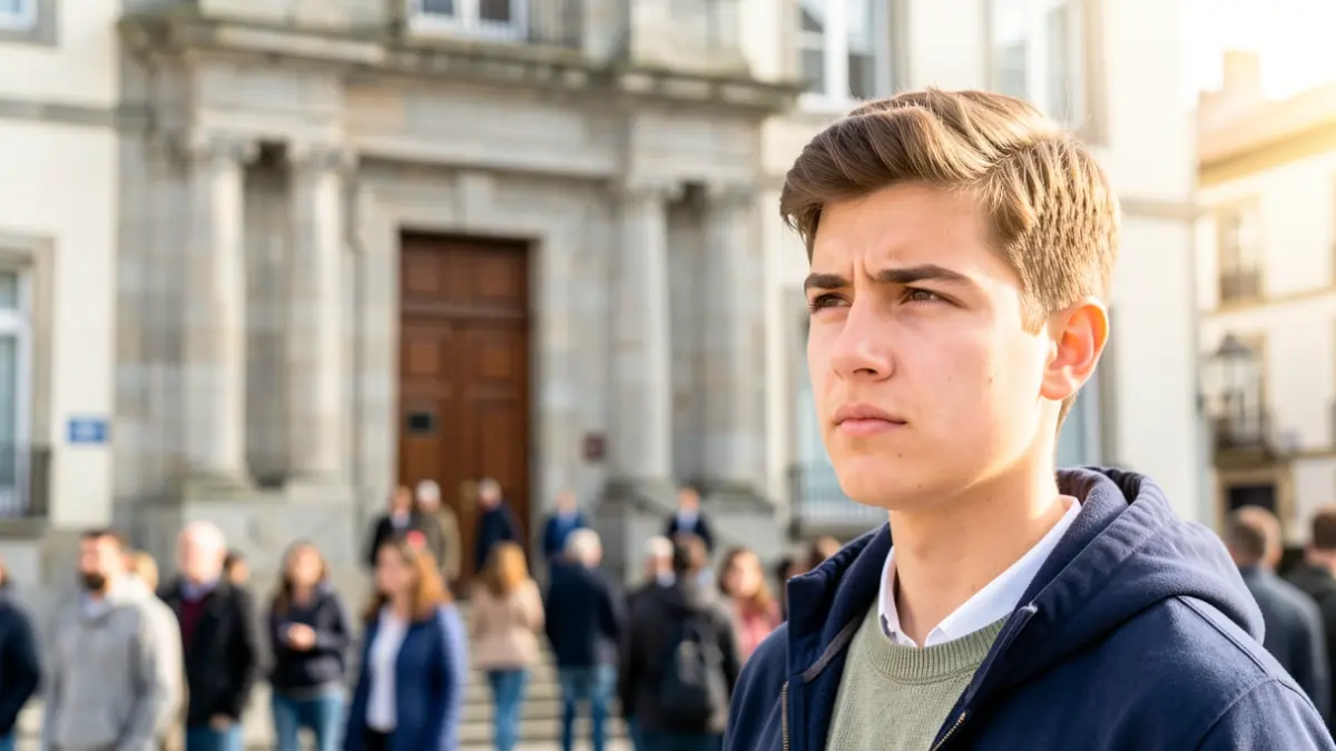 Generic image of a young person looking towards the future with a Galician town hall facade in the background.