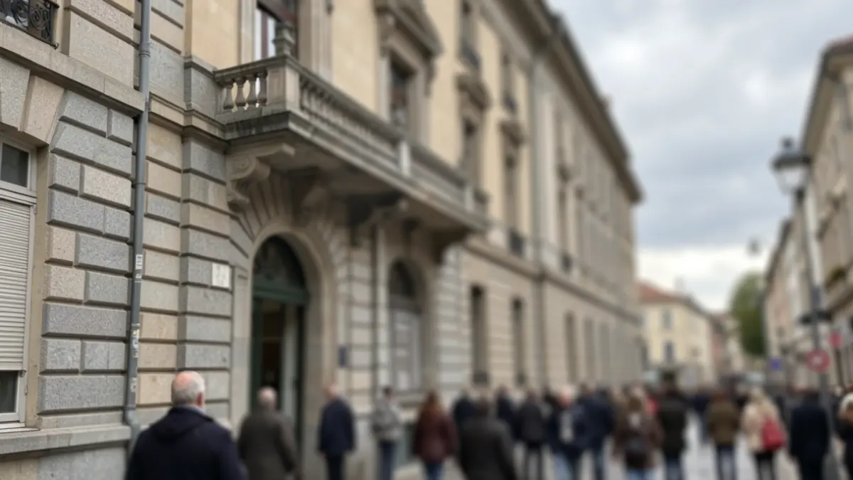 Generic image of a town hall facade with granite details and a balcony, under a cloudy sky.