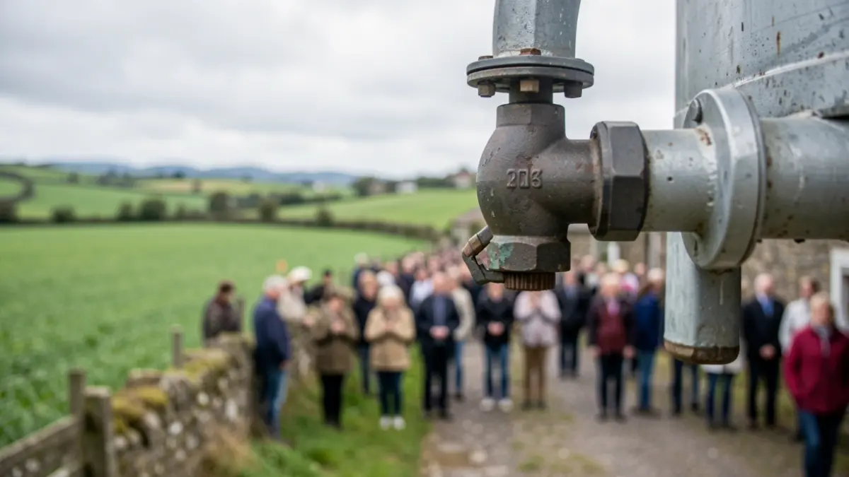 Generic image of a water intake on a pipe, with a background of green fields and a cloudy sky.