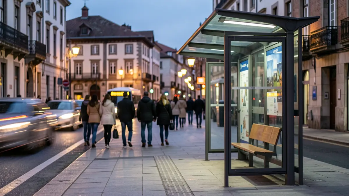 Generic image of a bus stop or taxi stand in an urban environment at dusk, with blurred lights.