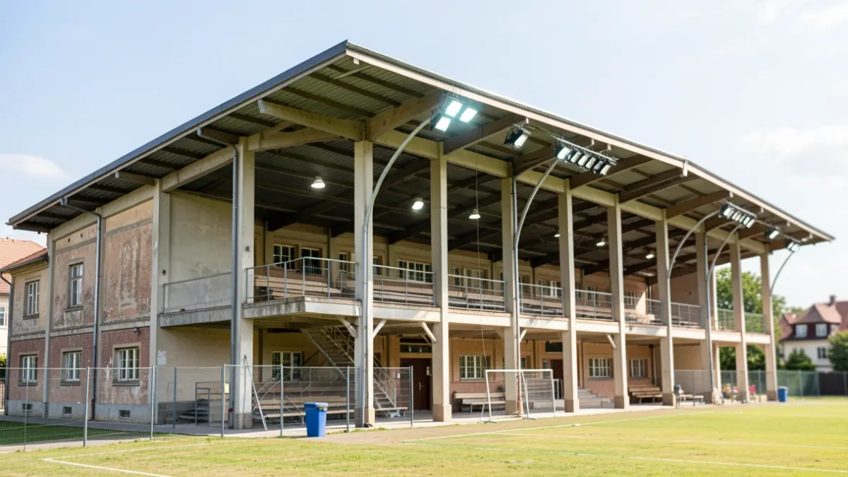 Generic image of a municipal sports pavilion with new LED lights being installed.