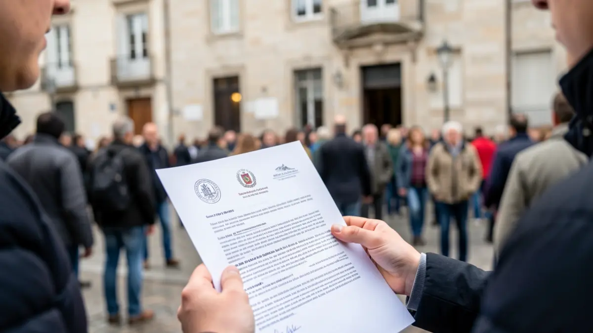 Manos de una persona joven sosteniendo un documento oficial con un sello, con una fachada de edificio público gallego al fondo.