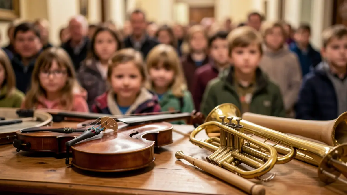 Imaxe xenérica de instrumentos musicais sobre unha superficie de madeira.