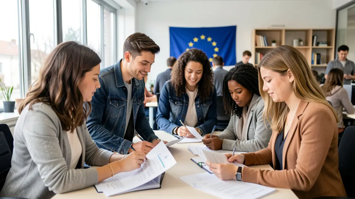 Imagen genérica de jóvenes trabajando juntos en un proyecto, con elementos que sugieren colaboración y financiación europea.