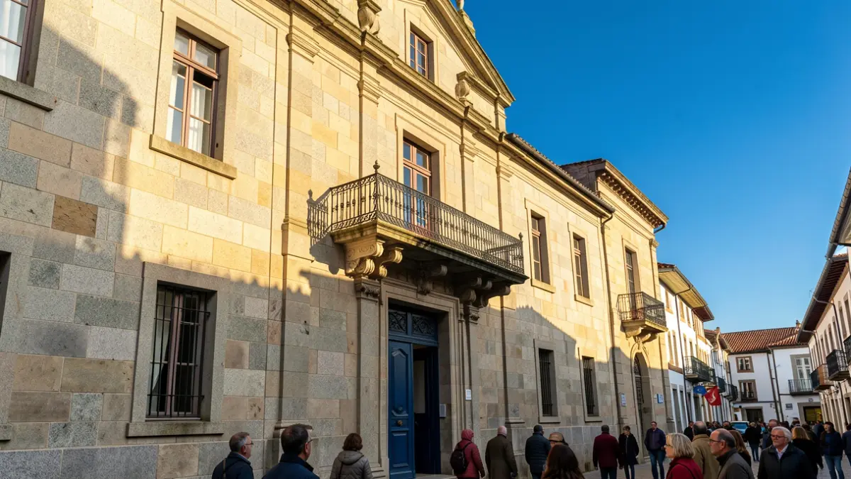 Fachada de un ayuntamiento de granito en Galicia con balcón ornamentado y barandilla de hierro, cálida luz solar de la tarde proyectando sombras en las paredes de arenisca, cielo azul, estilo fotográfico documental.