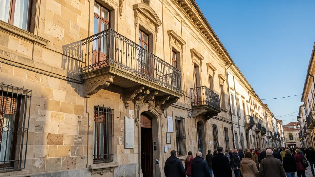 Imaxe xenérica dunha fachada de concello galego de pedra con balcón e reixas de ferro, luz solar cálida da tarde proxectando sombras nas paredes de arenito, ceo azul.
