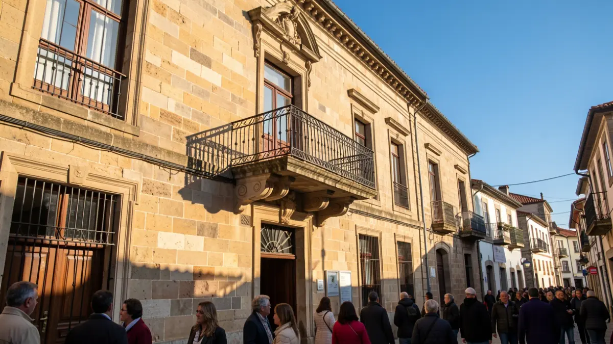 Imagen genérica de un ayuntamiento gallego con balcón de piedra y sol.