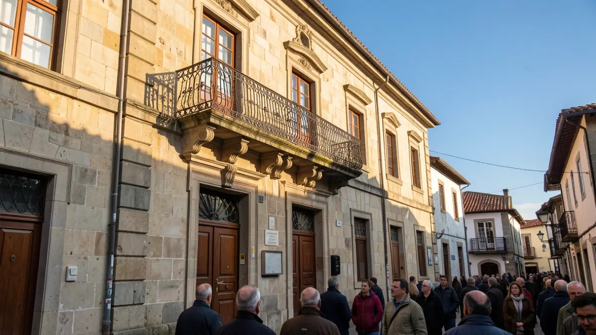 Generic image of a stone Galician town hall facade with an ornate balcony and iron railings, in warm afternoon light.