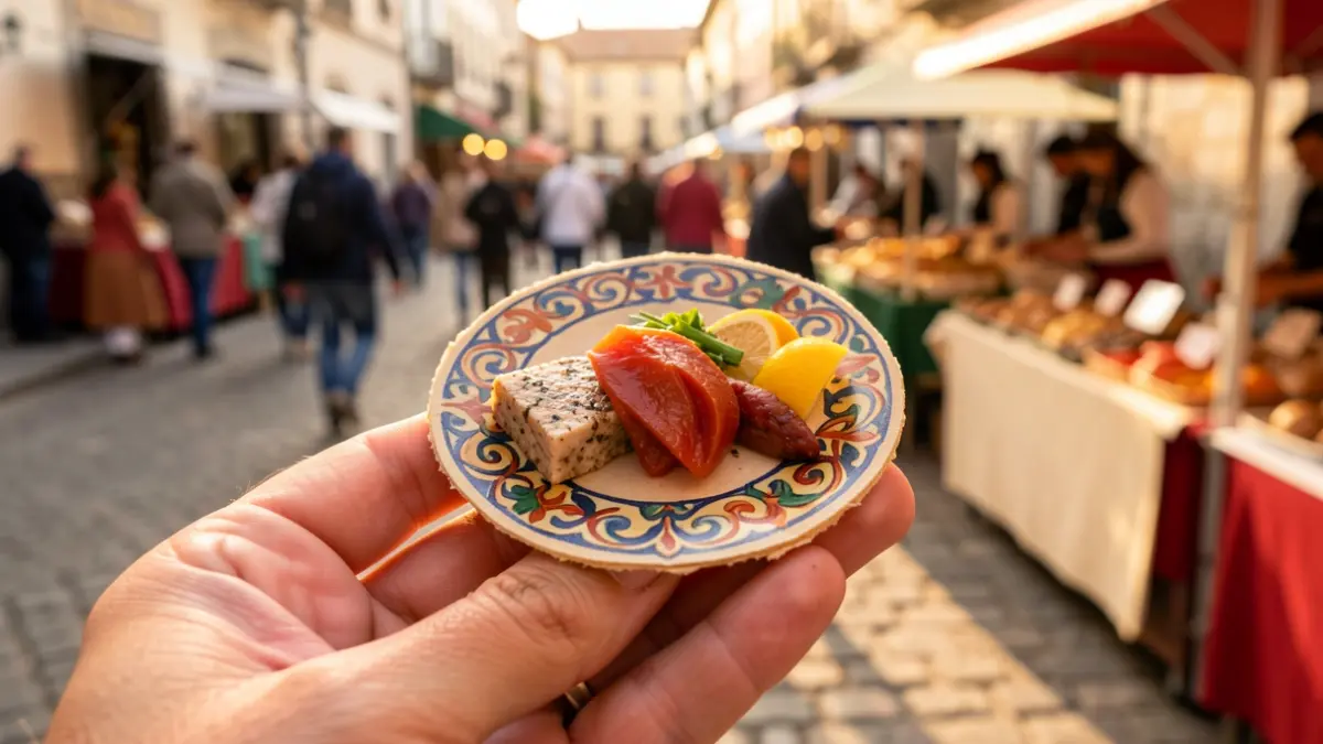 Imaxe xenérica dunha tapa con tres ingredientes, nunha feira gastronómica en Galicia.