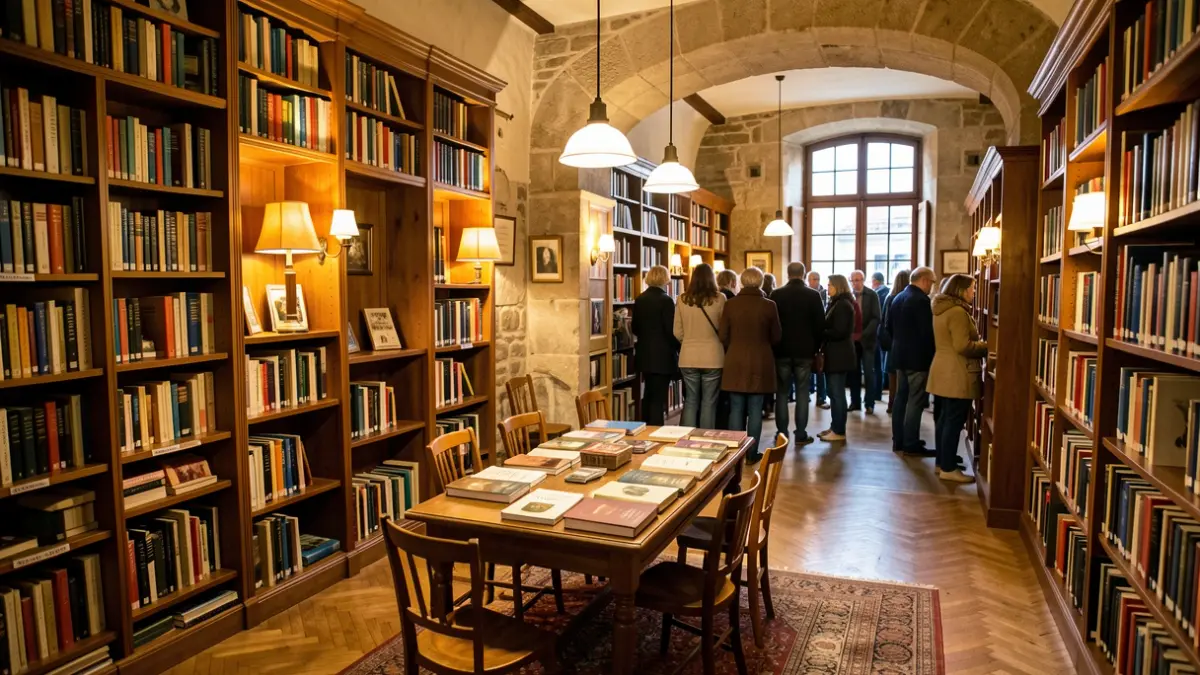 Generic image of a Galician municipal library with bookshelves and a reading atmosphere.
