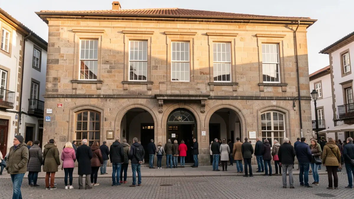 Imaxe xenérica dun edificio municipal de pedra con grandes ventás e entrada arqueada, nunha praza de Galicia.