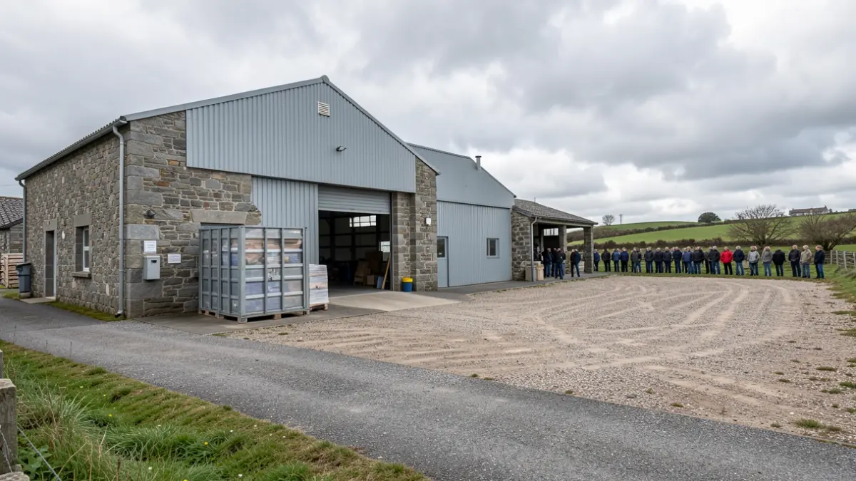 Imaxe xenérica dun almacén municipal e terreo adxacente nunha contorna rural galega.