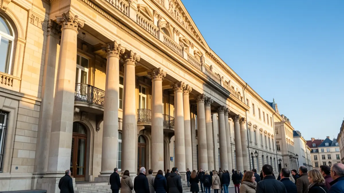 Generic image of a stone institutional building with an ornate balcony and blue sky.