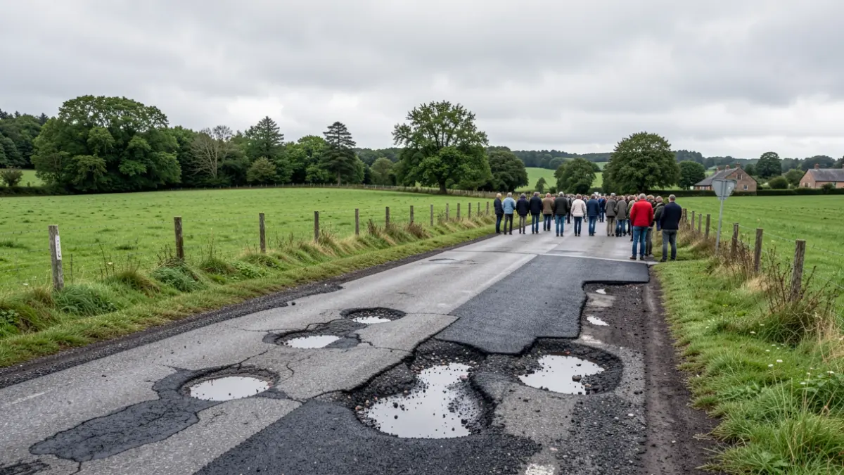 Imaxe dunha estrada rural en Galicia con danos e obras de pavimentación.