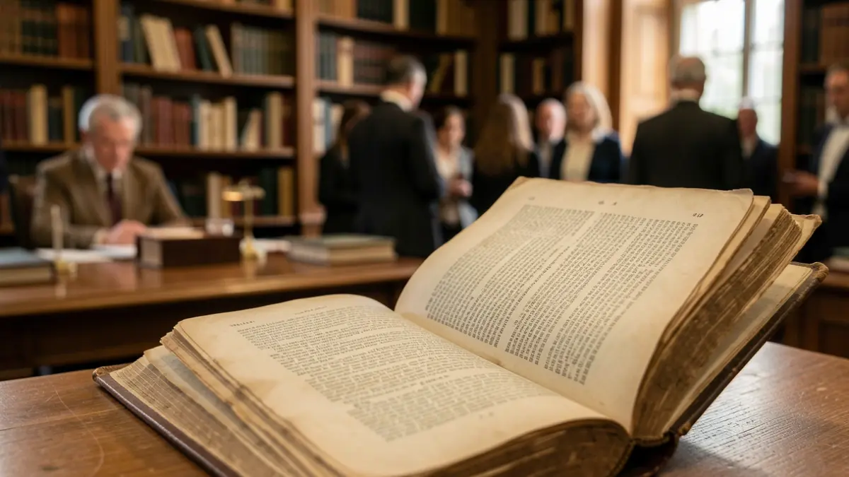 Generic image of an old book open on a table, with blurred bookshelves in the background.