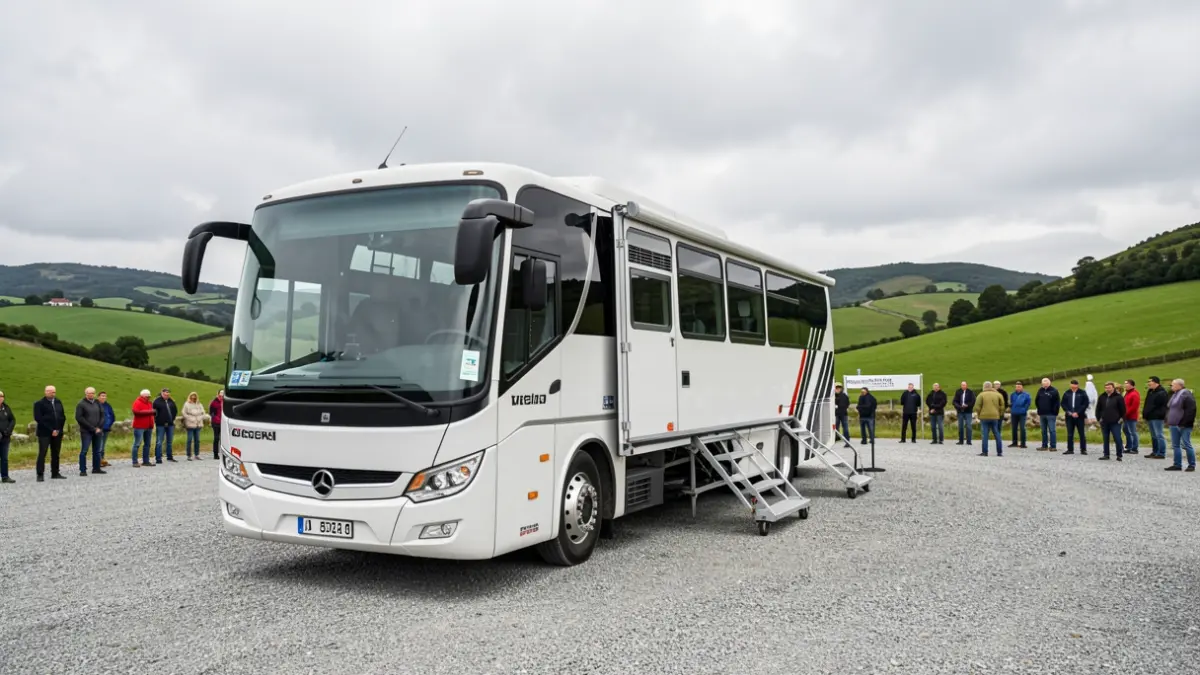 Autobús adaptado como oficina móbil para competicións de automobilismo na provincia da Coruña.