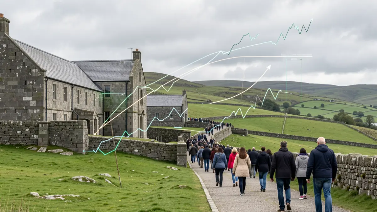 Generic image of Galician landscape with granite architecture and green hills under a cloudy sky, representing public health data.