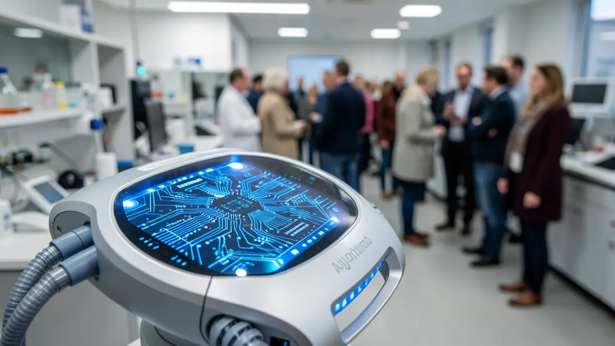 Imagen genérica de un dispositivo médico futurista con circuitos y luces azules, en un laboratorio moderno.