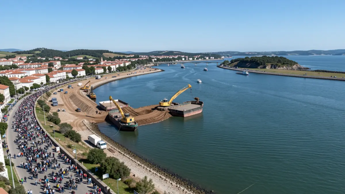 Vista aérea do estuario do río Lérez en Pontevedra durante as obras de dragaxe.