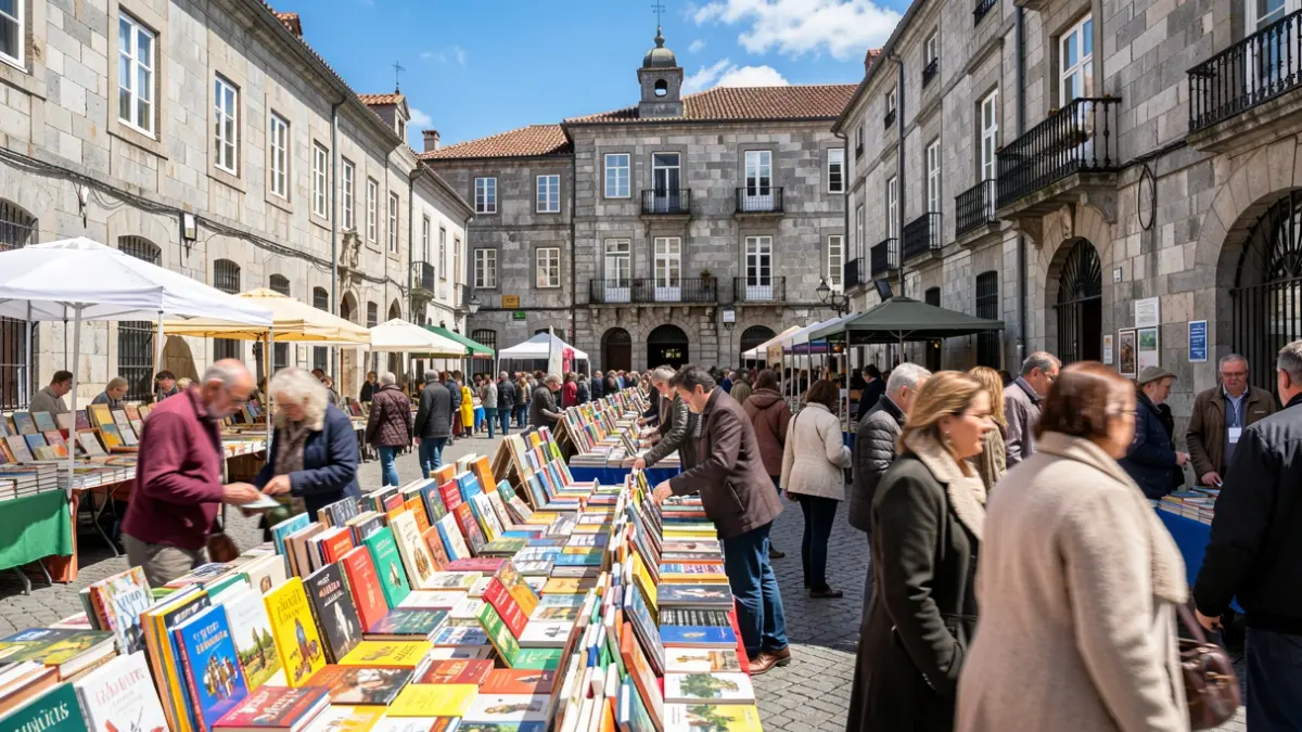 Imaxe dunha feira do libro ao aire libre na Praza da Quintana de Santiago de Compostela, con postos de libros e xente.