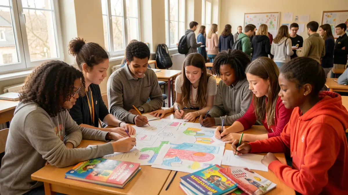 Imaxe xenérica de estudantes diversos colaborando nun proxecto escolar nunha aula.