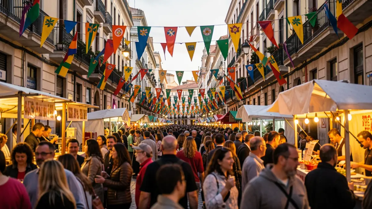 Imagen genérica de una fiesta popular gallega en Barcelona con gente y puestos de comida.