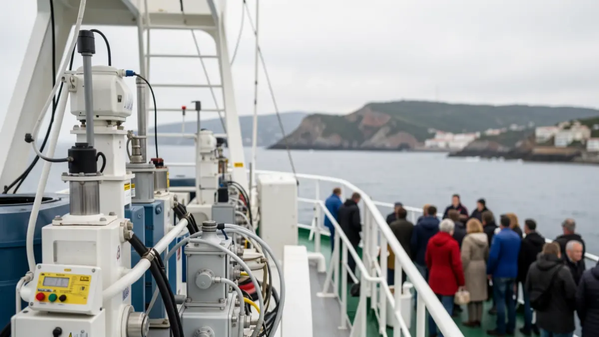 Imaxe dun buque de investigación mariña con equipo científico e a costa galega difuminada.
