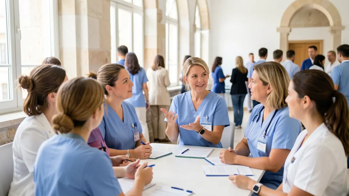 Imaxe xenérica de profesionais sanitarias reunidas nunha sala de formación.