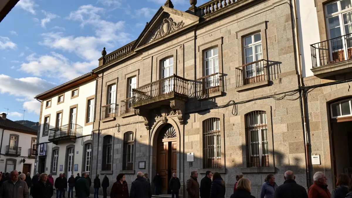 Fachada dun concello de granito en Galicia, con balcón ornamentado e reixas de ferro, baixo a luz do sol da tarde.