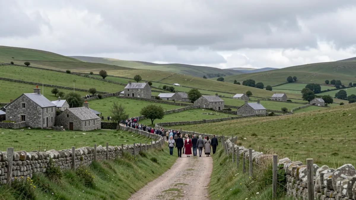 Imaxe xenérica de paisaxe rural galega con casas de pedra e camiño baixo o ceo nubrado.