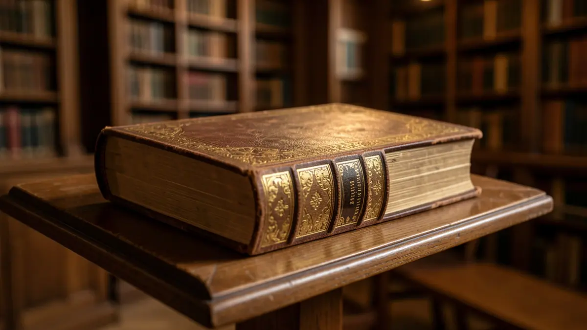 Primer plano de un libro antiguo de cuero con páginas doradas sobre un atril de madera en una sala de estudios con poca luz.