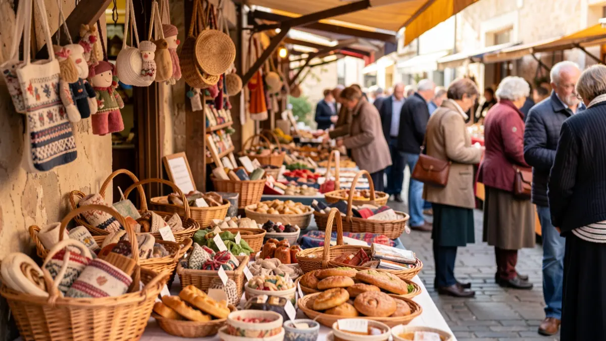 Imagen genérica de puestos de artesanía y productos locales en un mercado temporal.