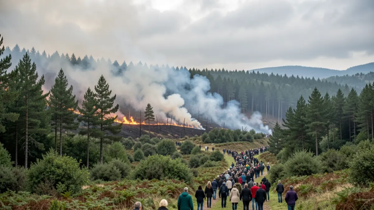 Imaxe xenérica de lume forestal en Galicia, con fume sobre a vexetación e ceo nubrado.