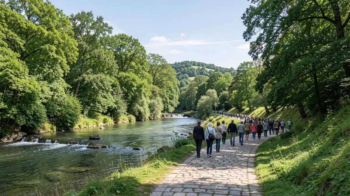 Imaxe xenérica dun paseo fluvial en Galicia con vexetación frondosa e ceo despexado.