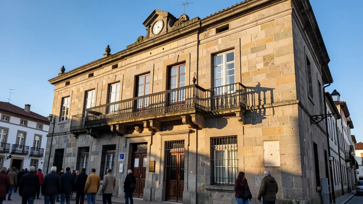 Fachada do Concello de Tui, un edificio histórico de granito con balcón e varanda de ferro, baixo a luz do sol da tarde.