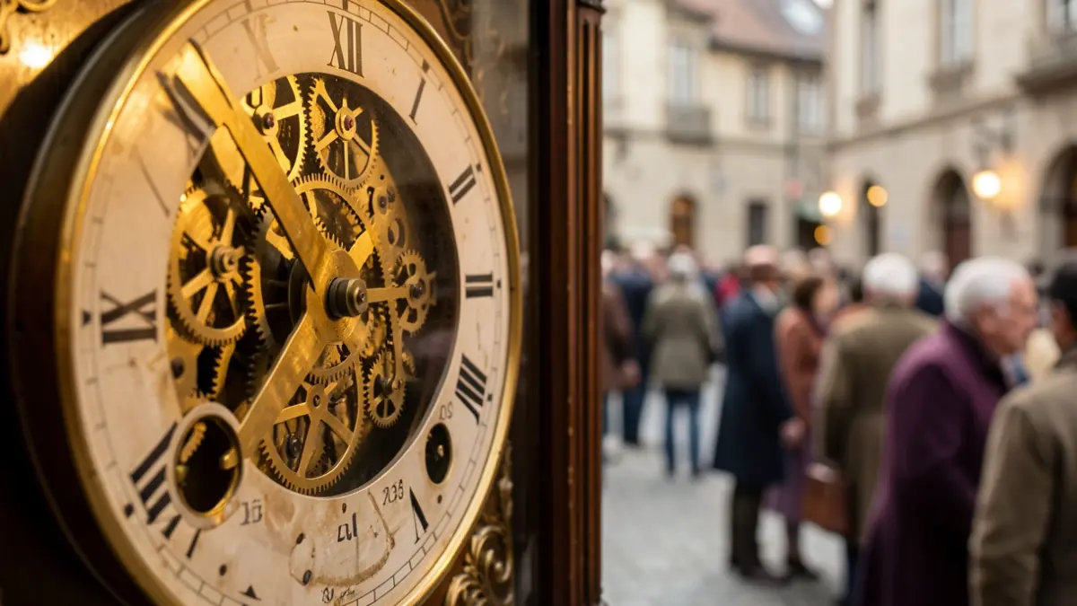 Primer plano de un mecanismo de reloj antiguo con engranajes de latón y detalles intrincados.