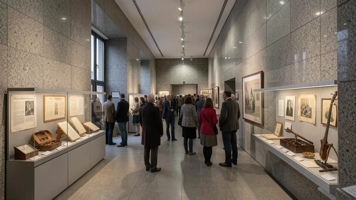 Imaxe xenérica dunha sala de exposicións cultural galega con vitrinas.