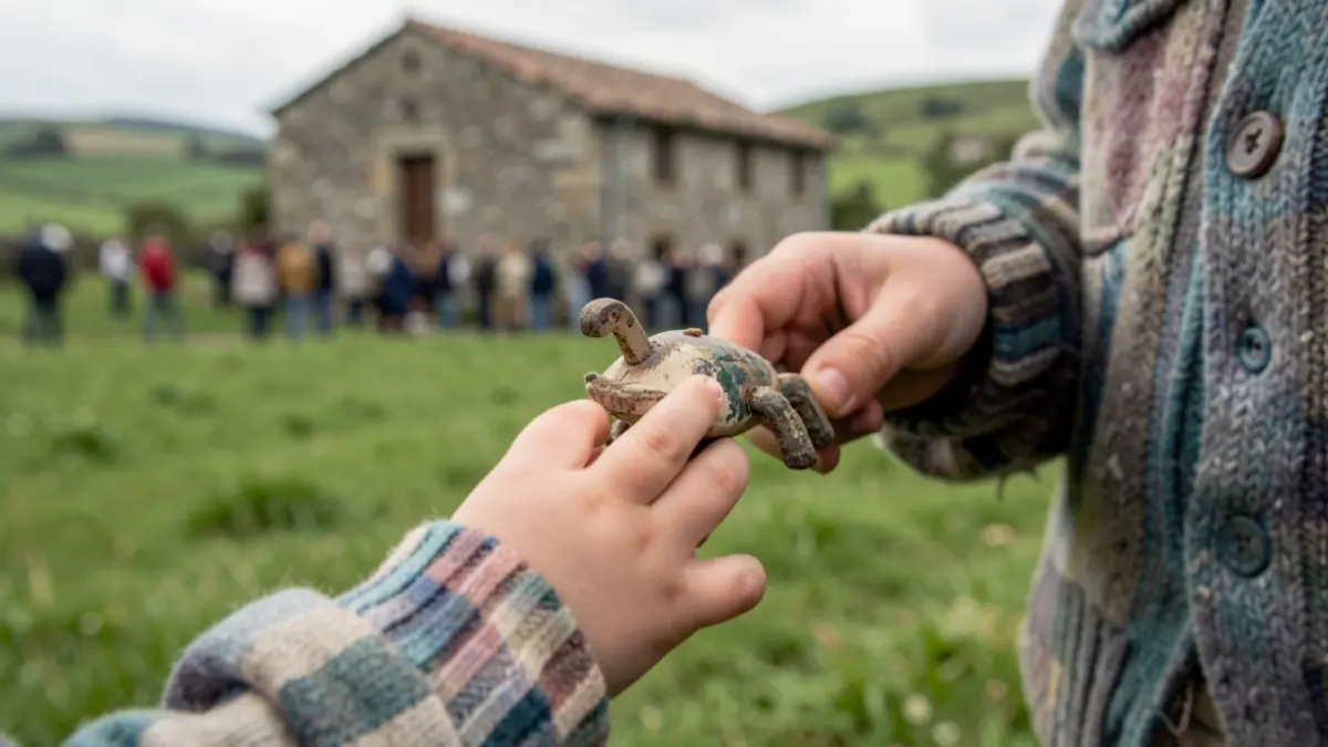 Niño saharaui sostiene un juguete con una casa gallega tradicional al fondo.