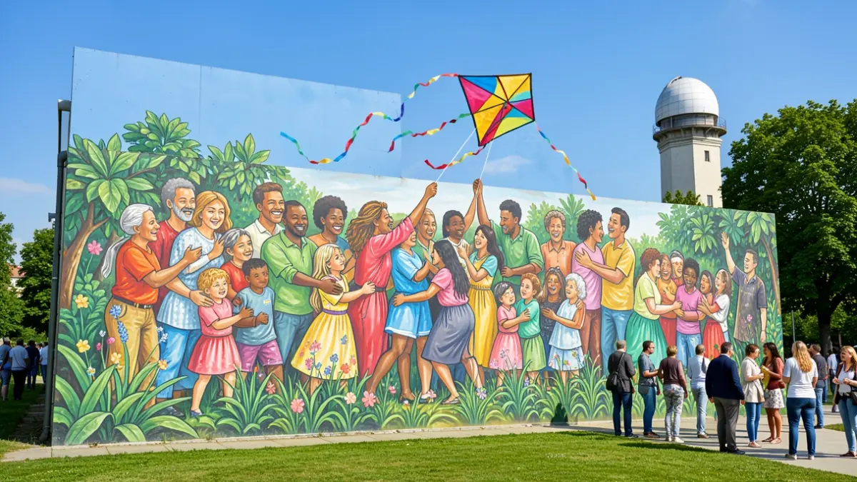 Imaxe dun mural colectivo que representa a diversidade e as redes de apoio veciñal nun parque.